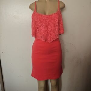 Persaya Vibrant Coral Dress with Lace Detail